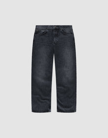 The LFDY Baggy Denim by LIVE FAST DIE YOUNG features a wide straight leg, dark-wash finish, and classic five-pocket design, shown against a plain light grey background. | plain