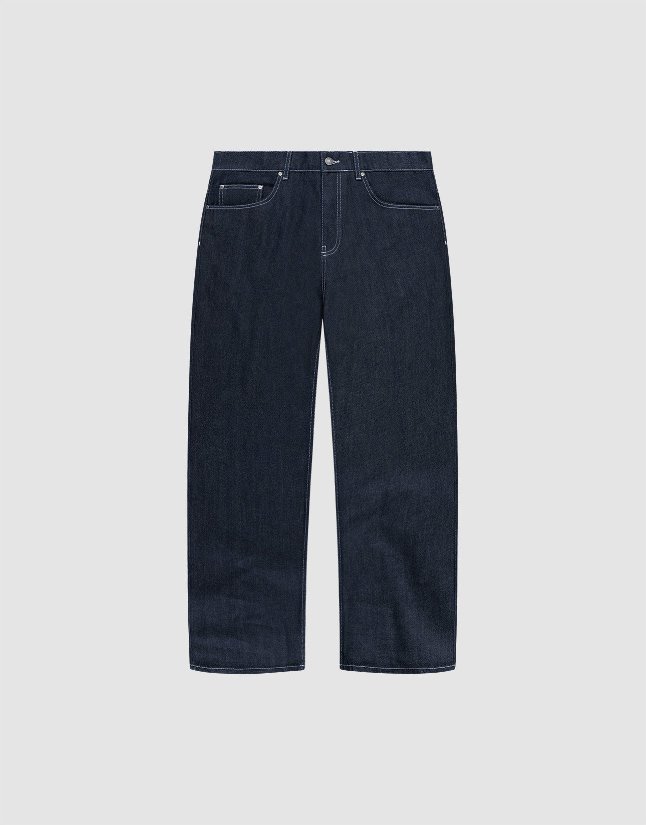 The LFDY Baggy Denim by LIVE FAST DIE YOUNG features dark blue raw-denim, a baggy straight-leg fit, white stitching, five pockets, and button closure in 100% cotton. Shown on a plain light grey background.