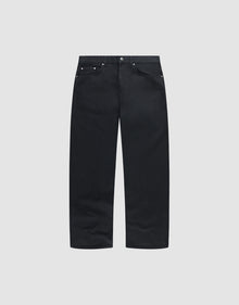 The LFDY Baggy Denim by LIVE FAST DIE YOUNG is a pair of black straight-leg jeans with a classic five-pocket design, button closure, and silver rivets, made from 100% Baumwolle and shown on a plain light gray background. | plain