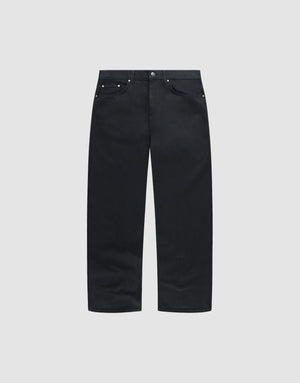 The LFDY Baggy Denim by LIVE FAST DIE YOUNG is a pair of black straight-leg jeans with a classic five-pocket design, button closure, and silver rivets, made from 100% Baumwolle and shown on a plain light gray background. | plain