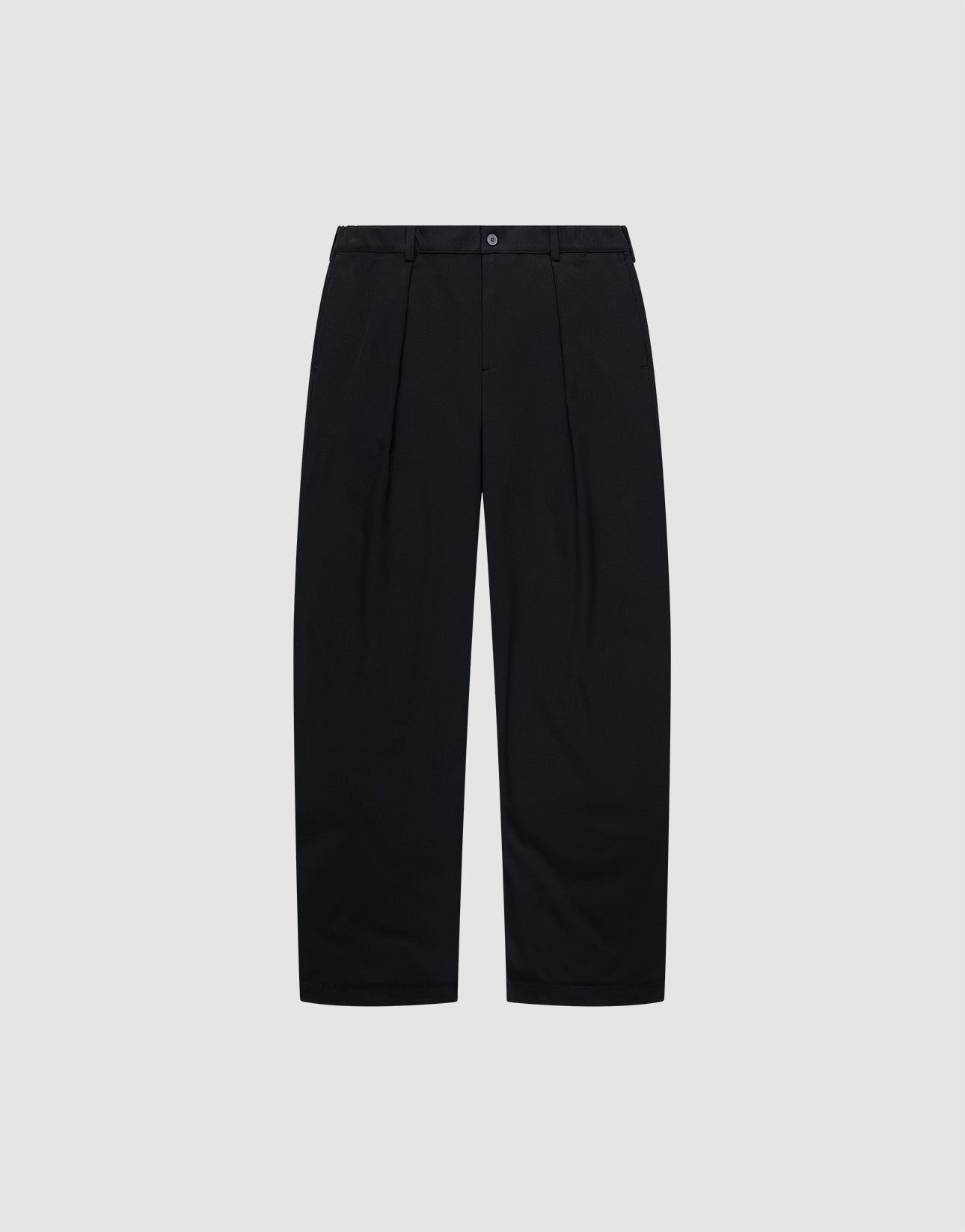 The LFDY Regular Casual Pants are black, wide-leg pants with a high waist, front pleats, regular fit, belt loops, and a button closure, shown against a light gray background. | plain
