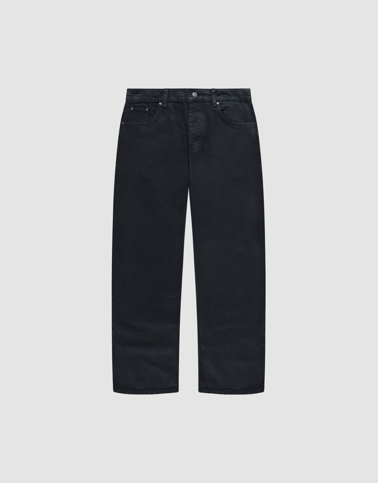 A pair of LIVE FAST DIE YOUNG Regular Denim black jeans with a classic five-pocket design and tapered leg, displayed flat on a light gray background.