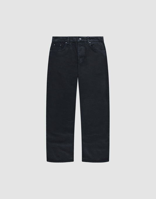 A pair of LIVE FAST DIE YOUNG Regular Denim black jeans with a classic five-pocket design and tapered leg, displayed flat on a light gray background. | plain