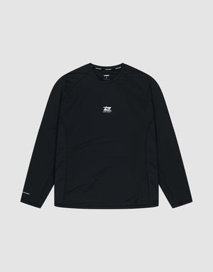 The LIVE FAST DIE YOUNG Live Fast Performance Longsleeve is a black slim-fit athletic shirt featuring a small white logo and text on the chest, plus more white text on the left sleeve and a reflective front print, shown on a plain light gray background. | plain