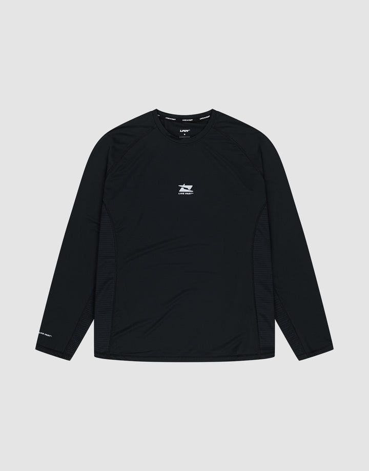 The LIVE FAST DIE YOUNG Live Fast Performance Longsleeve is a black slim-fit athletic shirt featuring a small white logo and text on the chest, plus more white text on the left sleeve and a reflective front print, shown on a plain light gray background. | plain