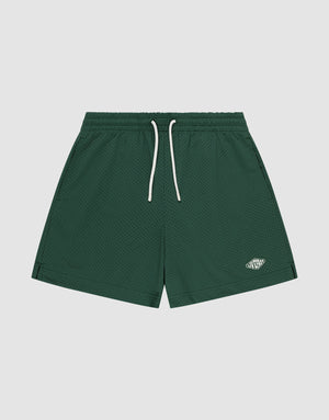 LIVE FAST DIE YOUNG Basic Mesh Shorts in dark green with an elastic waistband, white drawstrings, a small white oval logo patch on the left leg, mesh texture, and regular fit, shown against a plain light background. | plain