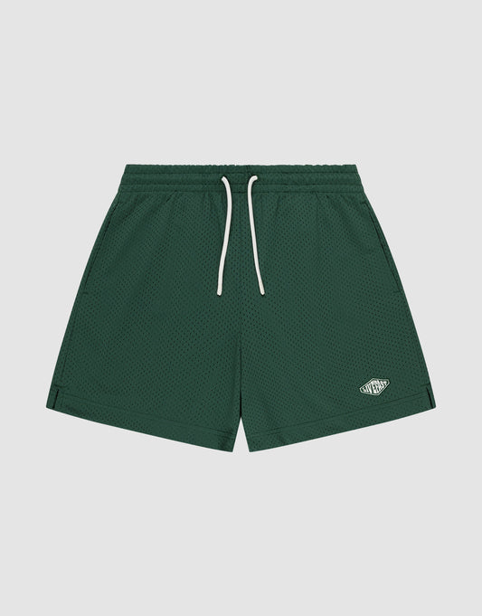 LIVE FAST DIE YOUNG Basic Mesh Shorts in dark green with an elastic waistband, white drawstrings, a small white oval logo patch on the left leg, mesh texture, and regular fit, shown against a plain light background. | plain