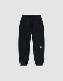 LIVE FAST DIE YOUNG’s Live Fast Performance Running Pants feature a black design with an elastic waistband, cuffed and zippered ankles, plus a small white logo on the left thigh, shown against a plain light gray background. | plain