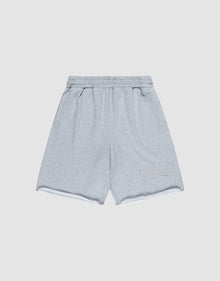 The Ripped College Shorts by LIVE FAST DIE YOUNG feature a light grey color, Elastik-Bund, oversize fit, and subtle "LIVE FAST" embroidery near the bottom left hem, shown against a plain white background. | plain