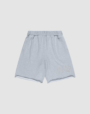 The Ripped College Shorts by LIVE FAST DIE YOUNG feature a light grey color, Elastik-Bund, oversize fit, and subtle "LIVE FAST" embroidery near the bottom left hem, shown against a plain white background. | plain
