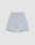 The LIVE FAST DIE YOUNG Ripped College Shorts feature a light gray color, elastic waistband, oversize fit with wide legs, raw edge hems, and a single back pocket, displayed on a plain white background.
