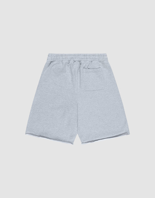 The LIVE FAST DIE YOUNG Ripped College Shorts feature a light gray color, elastic waistband, oversize fit with wide legs, raw edge hems, and a single back pocket, displayed on a plain white background.
