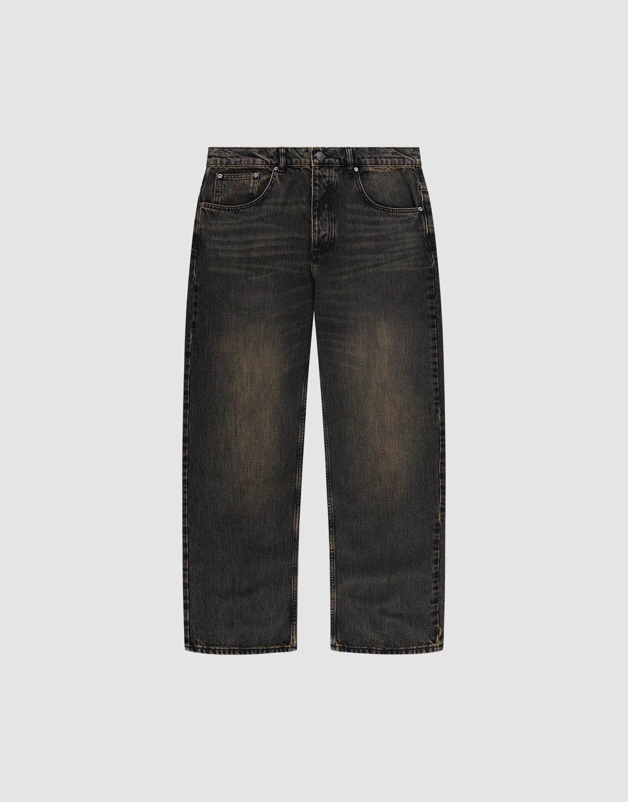 The LFDY Baggy Denim by LIVE FAST DIE YOUNG features a black baggy fit, straight leg, faded details, five pockets, belt loops, button closure, and is made from 100% Baumwolle. Shown on a plain white background.
