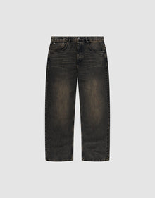 The LFDY Baggy Denim by LIVE FAST DIE YOUNG features a black baggy fit, straight leg, faded details, five pockets, belt loops, button closure, and is made from 100% Baumwolle. Shown on a plain white background. | plain