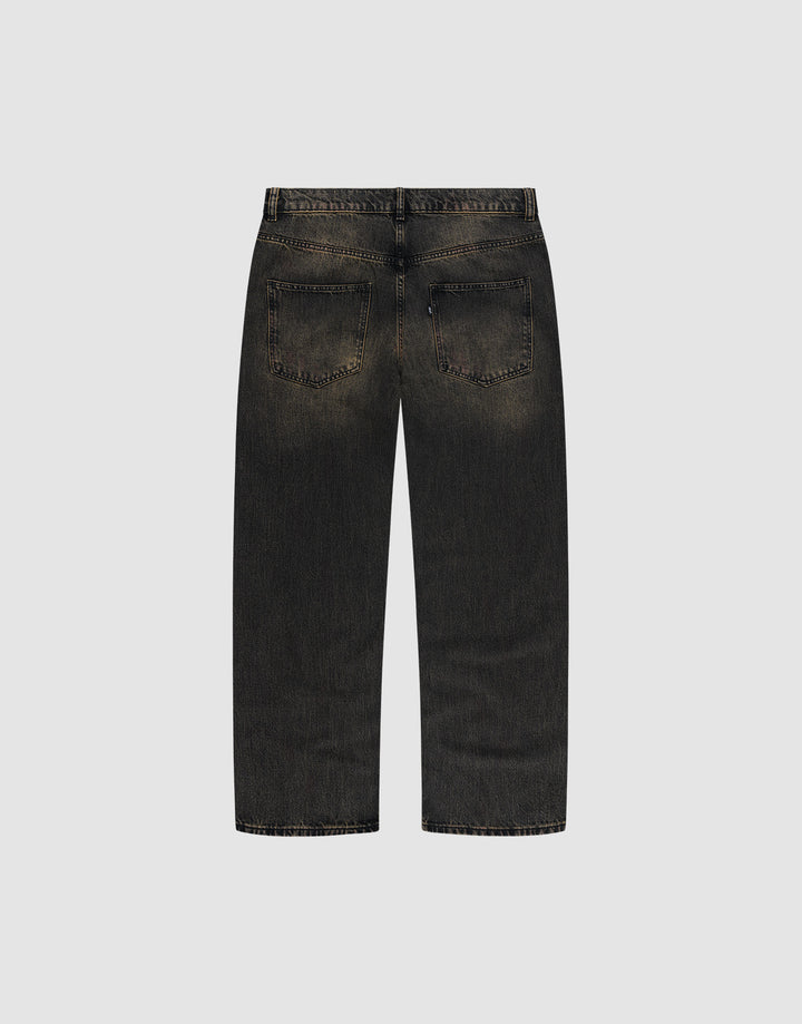 Back view of LFDY Baggy Denim by LIVE FAST DIE YOUNG in black, slightly faded 100% Baumwolle, featuring weites gerades Bein (wide straight leg), baggy fit, two rear pockets, and visible seams on a plain light gray background.