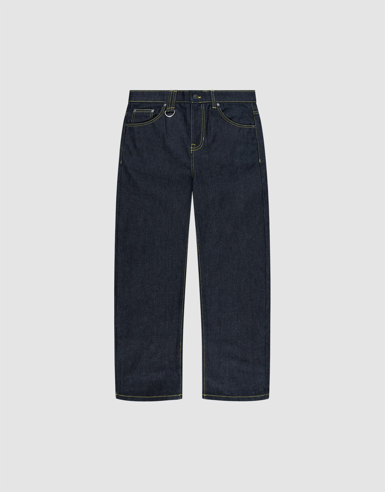 The LIVE FAST DIE YOUNG Work Denim jeans feature a regular fit, straight-leg cut, yellow stitching, five pockets, and belt loops, shown against a plain light gray background.