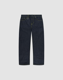 The LIVE FAST DIE YOUNG Work Denim jeans feature a regular fit, straight-leg cut, yellow stitching, five pockets, and belt loops, shown against a plain light gray background. | plain