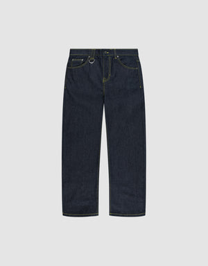 The LIVE FAST DIE YOUNG Work Denim jeans feature a regular fit, straight-leg cut, yellow stitching, five pockets, and belt loops, shown against a plain light gray background. | plain