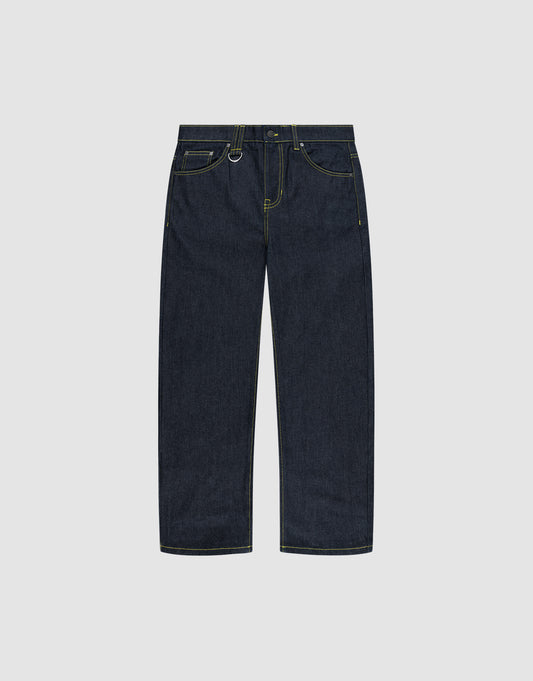 The LIVE FAST DIE YOUNG Work Denim jeans feature a regular fit, straight-leg cut, yellow stitching, five pockets, and belt loops, shown against a plain light gray background. | plain
