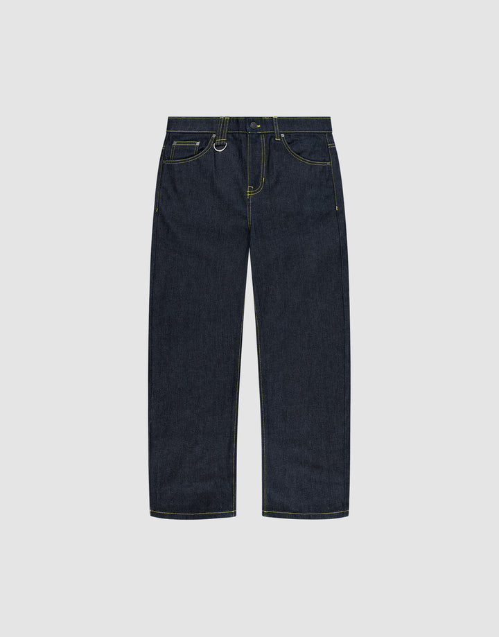 The LIVE FAST DIE YOUNG Work Denim jeans feature a regular fit, straight-leg cut, yellow stitching, five pockets, and belt loops, shown against a plain light gray background. | plain