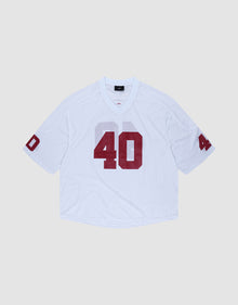 The LFDY Mesh Jersey by LIVE FAST DIE YOUNG is a white polyester football jersey with an oversize fit, short sleeves, and bold red number 40 on the front and sleeves. It features a V-neck collar and is shown on a light gray background. | plain