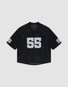 The LFDY Mesh Jersey by LIVE FAST DIE YOUNG is a black short-sleeve oversize-fit sports jersey with a V-neck, white number 55 on the front and sleeves, in breathable polyester, shown on a plain light gray background. | plain
