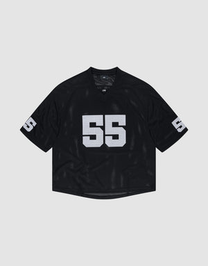 The LFDY Mesh Jersey by LIVE FAST DIE YOUNG is a black short-sleeve oversize-fit sports jersey with a V-neck, white number 55 on the front and sleeves, in breathable polyester, shown on a plain light gray background. | plain