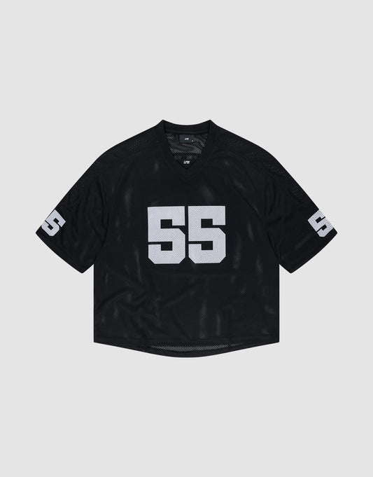 The LFDY Mesh Jersey by LIVE FAST DIE YOUNG is a black short-sleeve oversize-fit sports jersey with a V-neck, white number 55 on the front and sleeves, in breathable polyester, shown on a plain light gray background. | plain