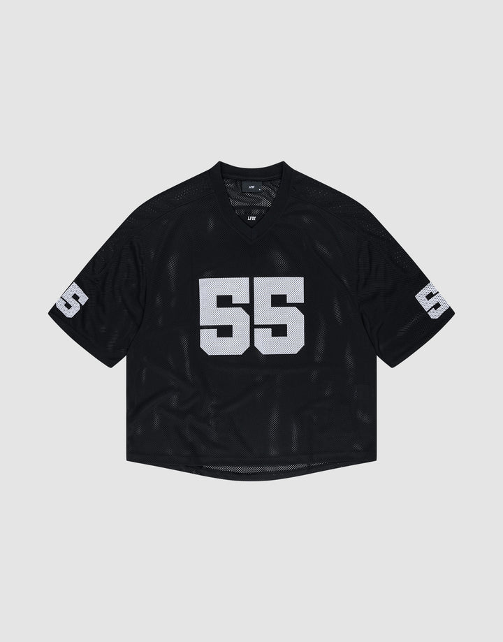 The LFDY Mesh Jersey by LIVE FAST DIE YOUNG is a black short-sleeve oversize-fit sports jersey with a V-neck, white number 55 on the front and sleeves, in breathable polyester, shown on a plain light gray background. | plain
