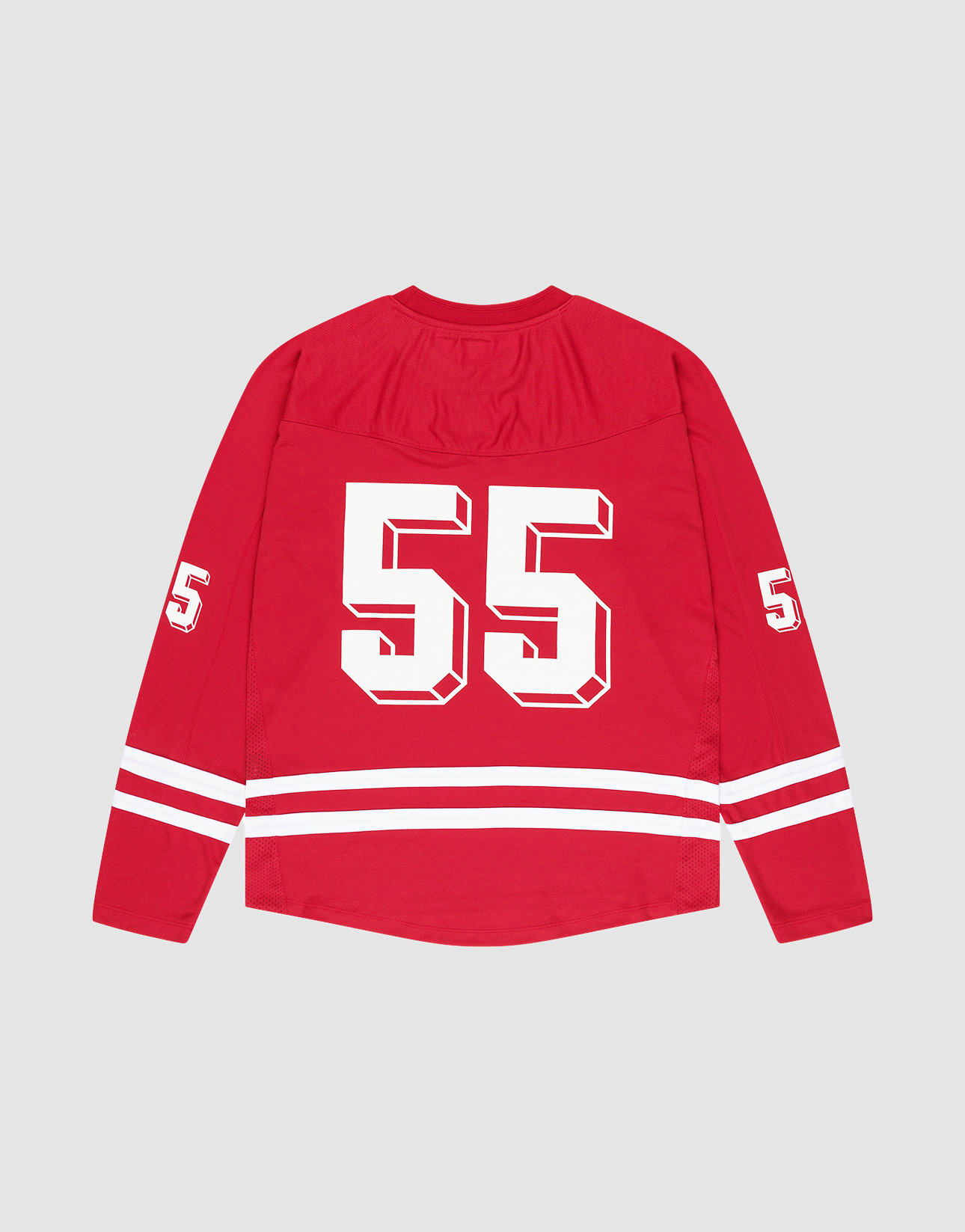 The LFDY Hockey Jersey by LIVE FAST DIE YOUNG is a red polyester oversize shirt with white sleeve and hem stripes, featuring large white "55" on the back and smaller "55" on both sleeves.