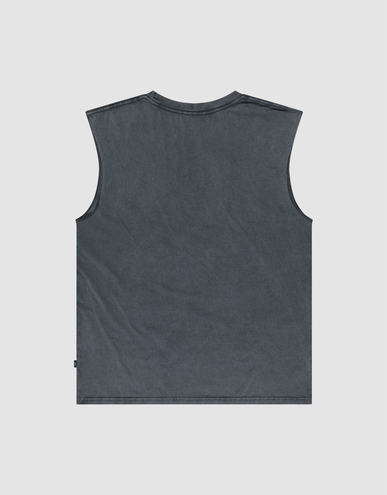 The Basic Muscle Shirt by LIVE FAST DIE YOUNG is a sleeveless, dark gray oversize-fit tank top in soft, slightly faded vintage wash 100% cotton, shown laid flat with the back facing up on a light gray background and no visible logos or designs.