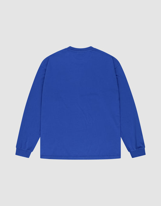 The Live Fast Archive Longsleeve by LIVE FAST DIE YOUNG is a plain, oversized blue shirt with a crew neck and ribbed cuffs, shown back-up on a light gray background. Crafted from 100% Baumwolle for comfort.