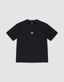 The LIVE FAST DIE YOUNG Live Fast Performance Tee is a slim-fit black short-sleeve athletic shirt featuring a small white graphic and text on the chest, shown flat on a light gray background. | plain