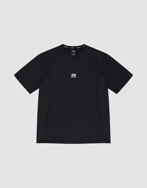 The LIVE FAST DIE YOUNG Live Fast Performance Tee is a slim-fit black short-sleeve athletic shirt featuring a small white graphic and text on the chest, shown flat on a light gray background. | plain