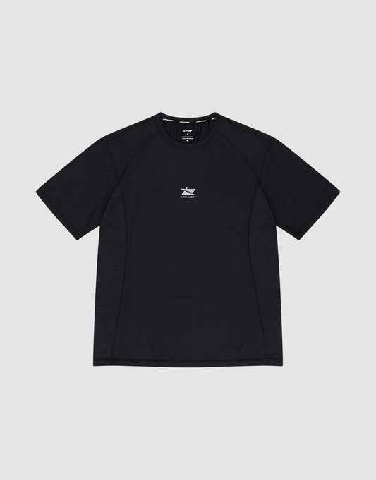 The LIVE FAST DIE YOUNG Live Fast Performance Tee is a slim-fit black short-sleeve athletic shirt featuring a small white graphic and text on the chest, shown flat on a light gray background. | plain