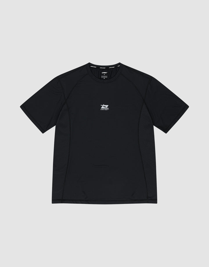 The LIVE FAST DIE YOUNG Live Fast Performance Tee is a slim-fit black short-sleeve athletic shirt featuring a small white graphic and text on the chest, shown flat on a light gray background. | plain