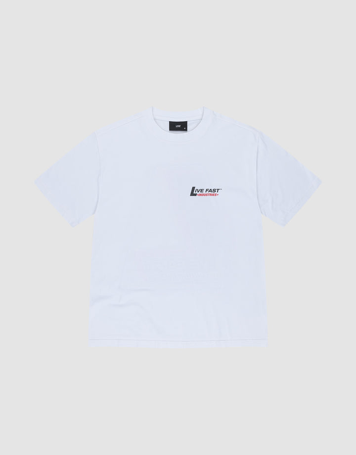 The LFDY Industries Tee by LIVE FAST DIE YOUNG is a plain white oversized short-sleeve t-shirt, made from 100% cotton, featuring a small black and red Live Fast logo and text on the left chest, shown on a light grey background.
