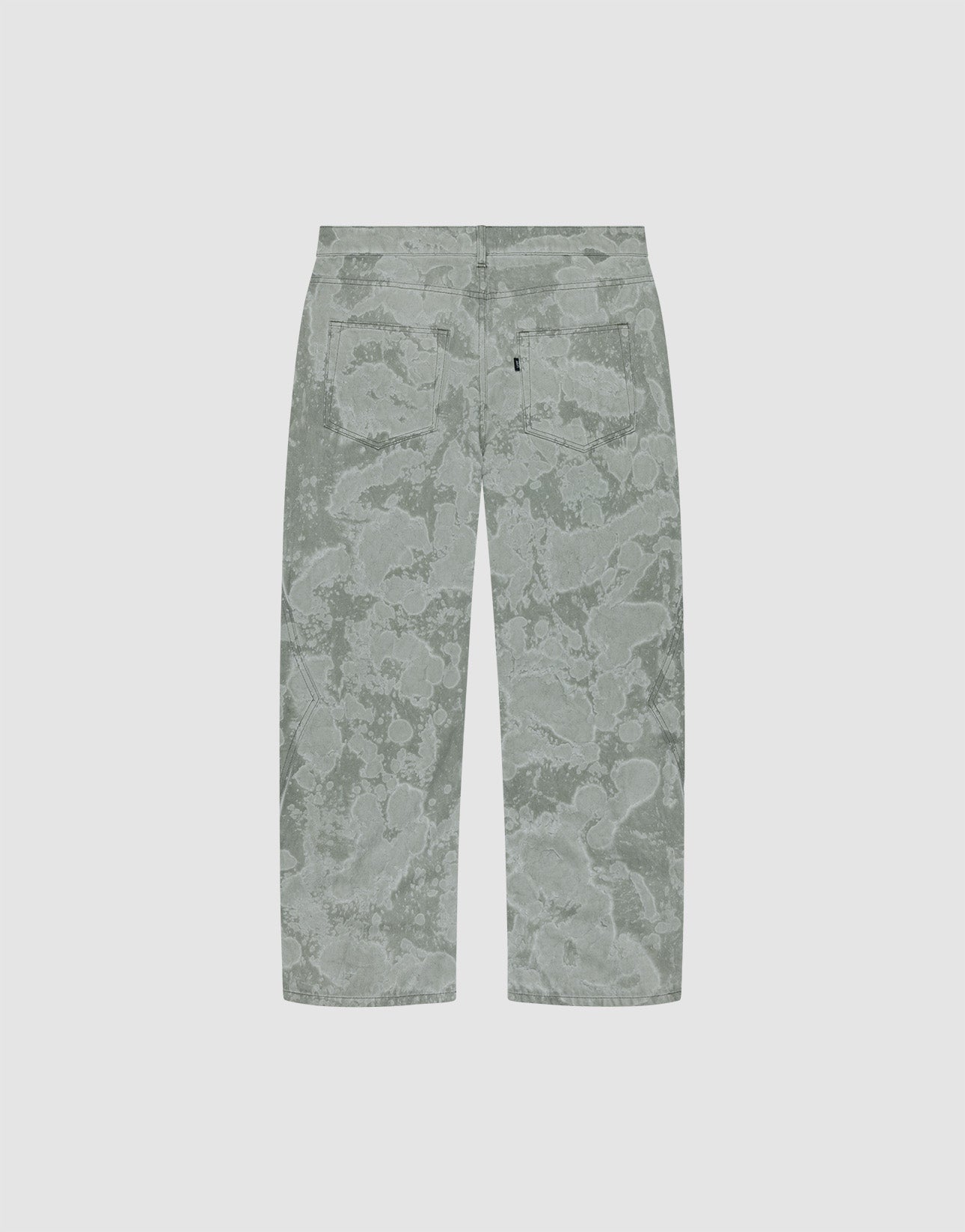 Back view of the Rhomb Wide Denim by LIVE FAST DIE YOUNG: baggy, light grey-green pants with an abstract floral/cloud pattern and two back pockets, featuring wide straight legs. Made from 100% cotton and shown on a plain light background.
