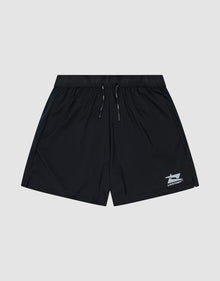 The LIVE FAST DIE YOUNG Live Fast Performance Shorts feature a black design with an elastic waistband, drawstring, and small white reflective logo near the left hem. Shown on a light gray background. Regular Fit offers all-day comfort.| plain