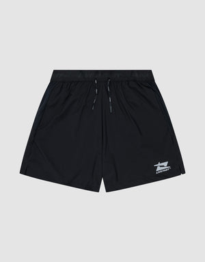 The LIVE FAST DIE YOUNG Live Fast Performance Shorts feature a black design with an elastic waistband, drawstring, and small white reflective logo near the left hem. Shown on a light gray background. Regular Fit offers all-day comfort.| plain