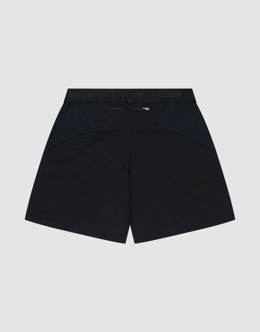 The LIVE FAST DIE YOUNG Live Fast Performance Shorts are shown from the back with a zippered waistband pocket, textured side panels, and an elastic waistband, set against a plain light gray background.