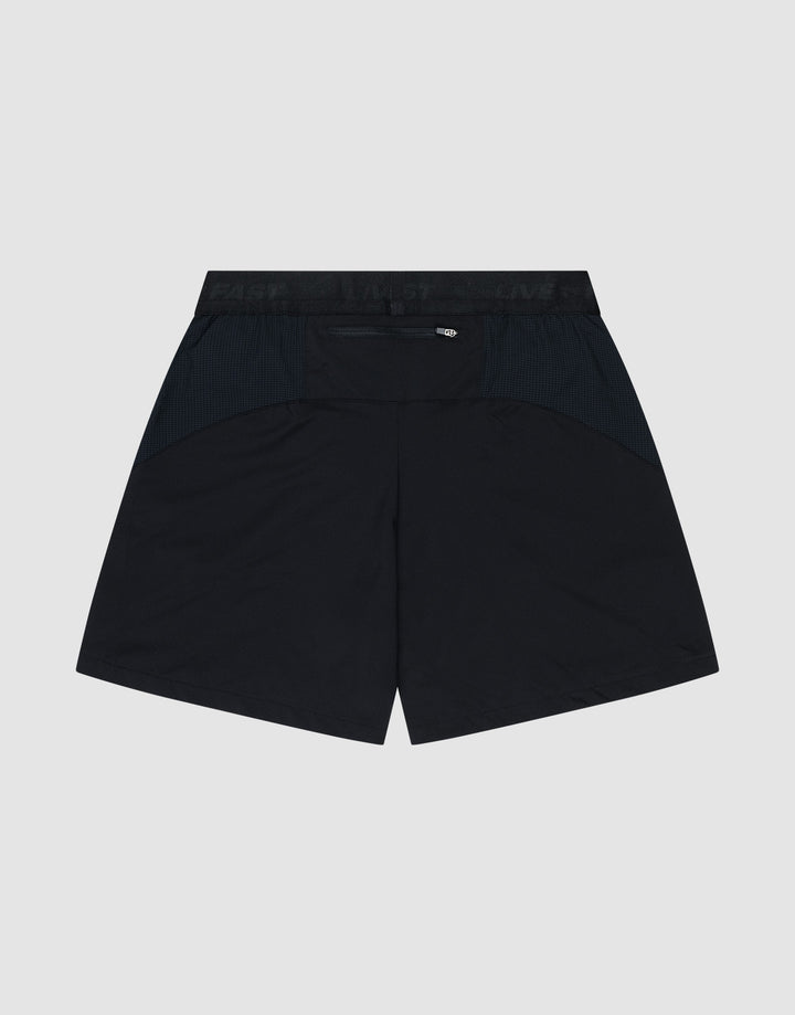 The LIVE FAST DIE YOUNG Live Fast Performance Shorts are shown from the back with a zippered waistband pocket, textured side panels, and an elastic waistband, set against a plain light gray background.