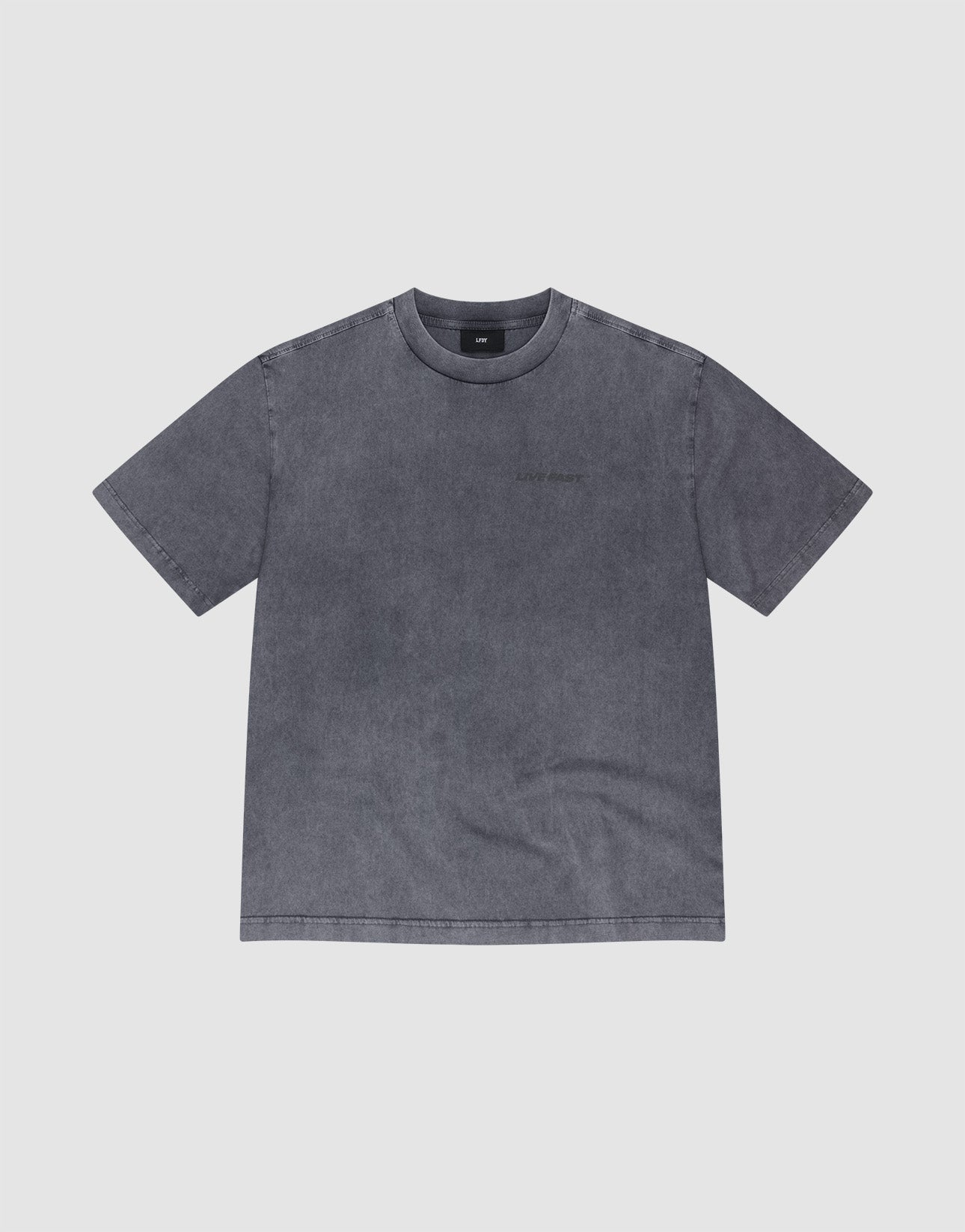 The LFDY Hardwear Tee by LIVE FAST DIE YOUNG is a short-sleeve, crew-neck t-shirt in faded charcoal gray, made from 100% Baumwolle. It features a subtle worn-in texture with minimal detailing and is shown laid flat on a light gray background.