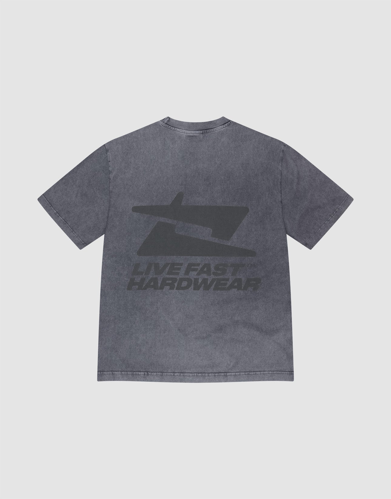The LFDY Hardwear Tee by LIVE FAST DIE YOUNG is a washed gray oversize short-sleeve shirt made of 100% Baumwolle, featuring a bold back print with a stylized design and the text "LIVE FAST HARDWEAR.