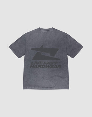 The LFDY Hardwear Tee by LIVE FAST DIE YOUNG is a washed gray oversize short-sleeve shirt made of 100% Baumwolle, featuring a bold back print with a stylized design and the text "LIVE FAST HARDWEAR. | plain