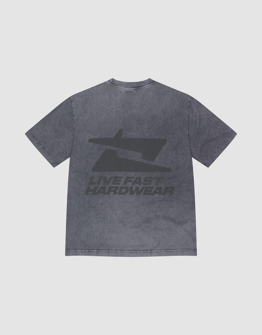 The LFDY Hardwear Tee by LIVE FAST DIE YOUNG is a washed gray oversize short-sleeve shirt made of 100% Baumwolle, featuring a bold back print with a stylized design and the text "LIVE FAST HARDWEAR. | plain