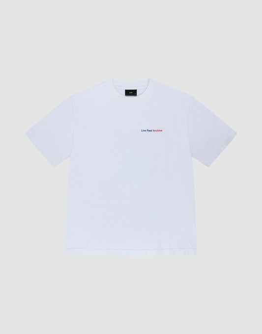 The LFDY F*ck Phones Tee by LIVE FAST DIE YOUNG is a plain white oversized cotton t-shirt with small red "Live Fast Archive" embroidery on the left chest, shown laid flat on a light gray background.
