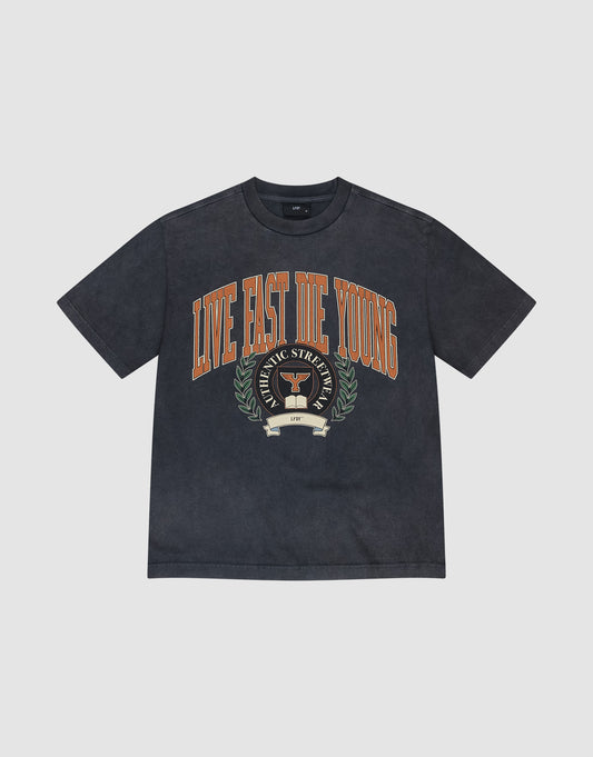 The Live Fast Die Young Tee by LIVE FAST DIE YOUNG is a dark gray oversized shirt with bold orange "LIVE FAST DIE YOUNG" text above a trophy crest, laurel wreath, "ATHLETIC STRENGTH" banner, and subtle vintage druck finish. | plain