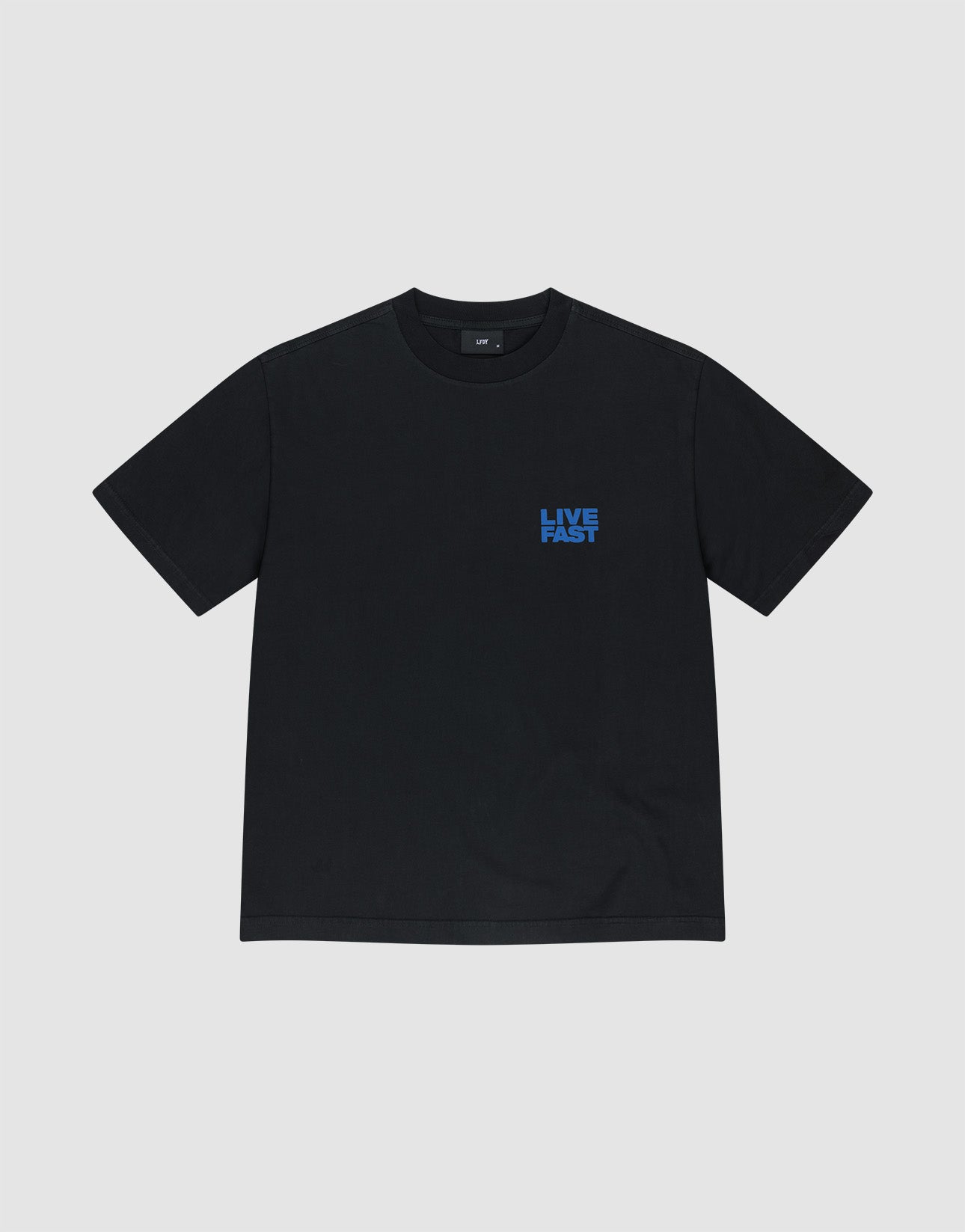 The LFDY 4 Ever Tee by LIVE FAST DIE YOUNG is a plain black oversized t-shirt made from 100% cotton, featuring a small blue "LIVE FAST" print on the left chest, shown on a light gray background.