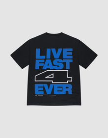 The LFDY 4 Ever Tee by LIVE FAST DIE YOUNG is a black oversized t-shirt with bold blue and white "LIVE FAST 4 EVER" back print, prominent outlined number 4, front and back print details, and made from 100% Baumwolle for comfort. | plain